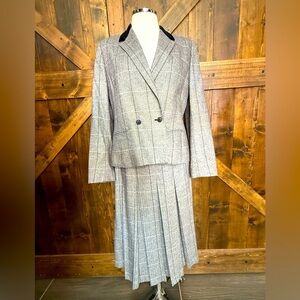 VINTAGE 80s Sasson Gray Wool Blend Crop Jacket Pleated Skirt Suit Size 12